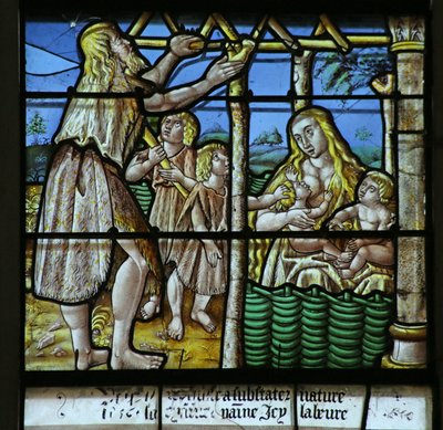 Window depicting Adam building a House and Eve bringing up Children by French School